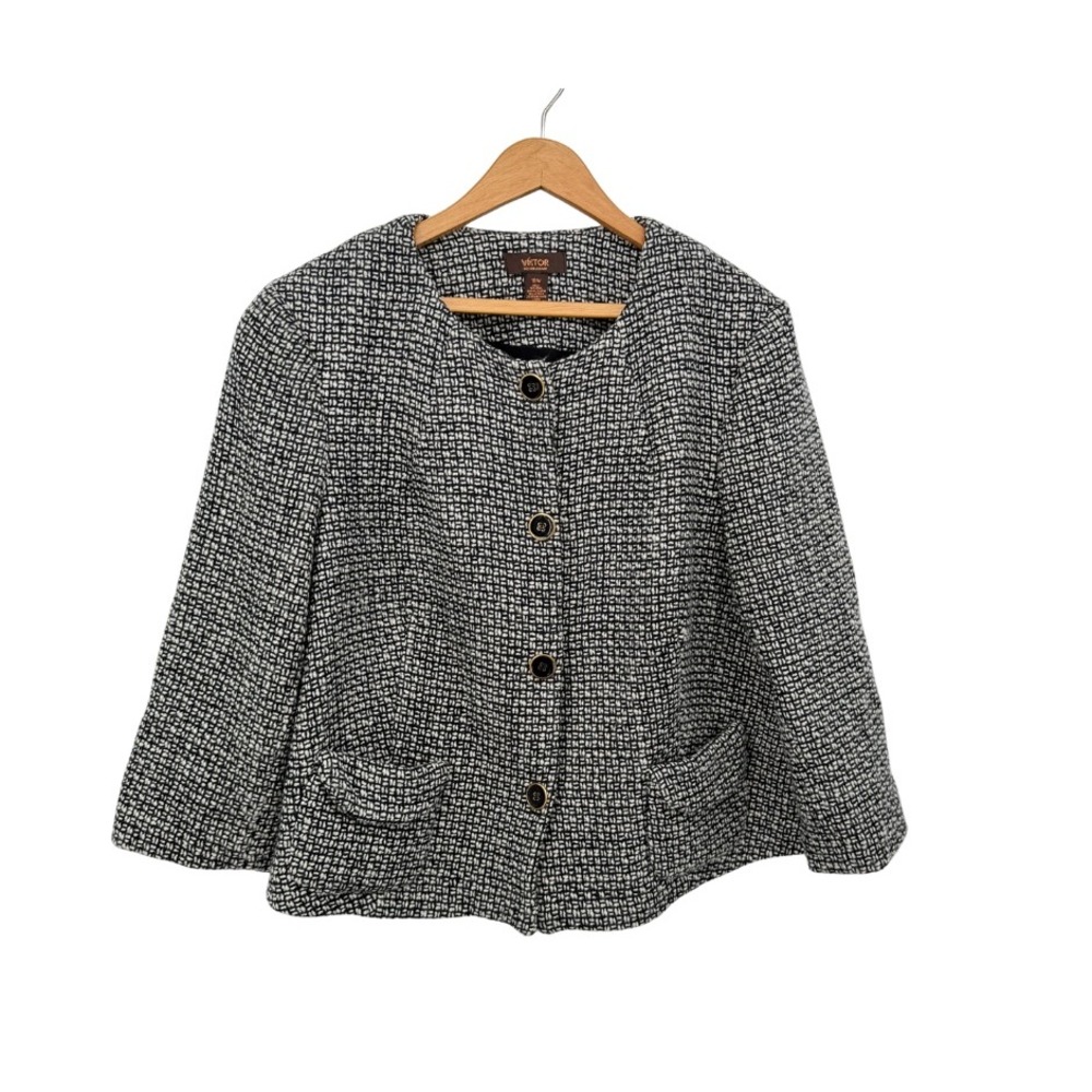 Victor Alfaro‎ Jacket Black White Tweed Textured Button Front Career Basic 18W